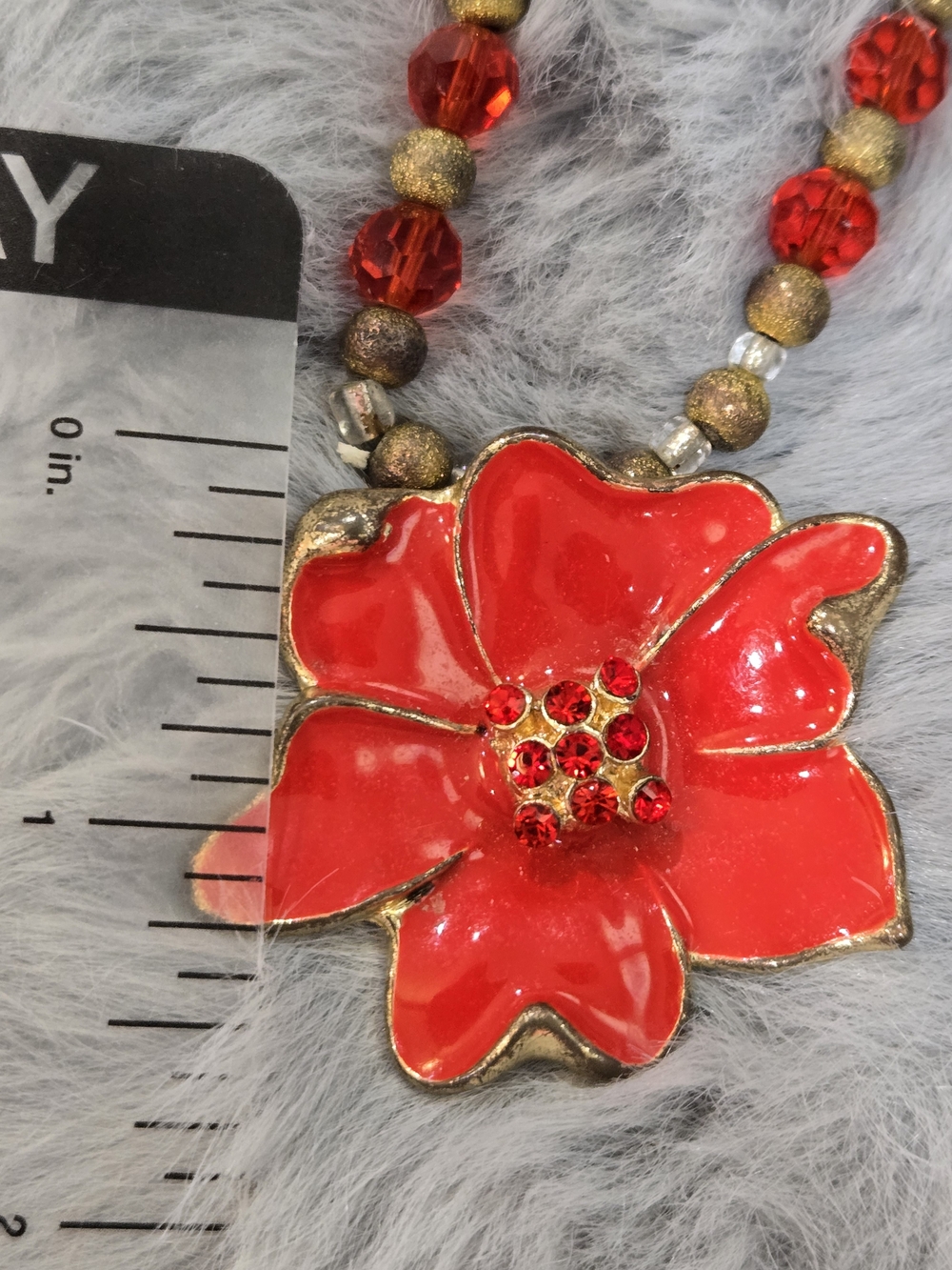 Vintage Red Enamel Flower Pendant Necklace Beaded Statement Toggle Clasp Boho